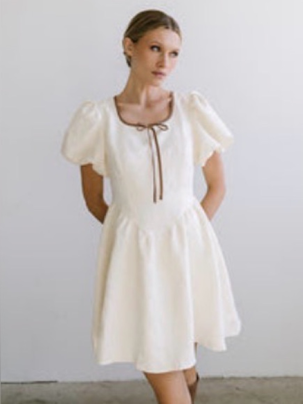 bohme Cream Textured Puff-Sleeve Mini Dress with Brown Trim NWOT!